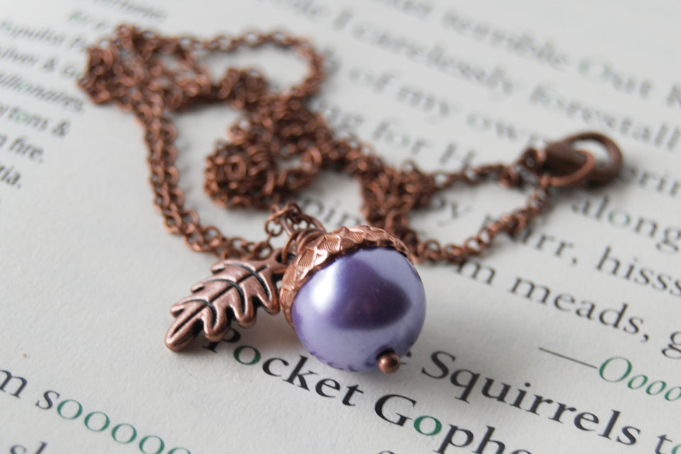 Lilac and Copper Pearl Acorn Necklace | Cute Nature Acorn Charm Neckla ...