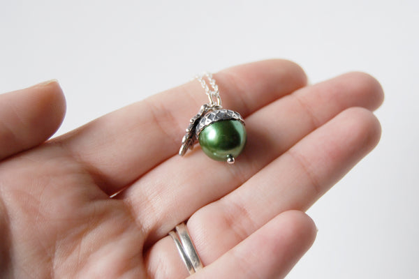 Spring and Silver Pearl Acorn Necklace | Cute Nature Acorn Charm Neckl ...