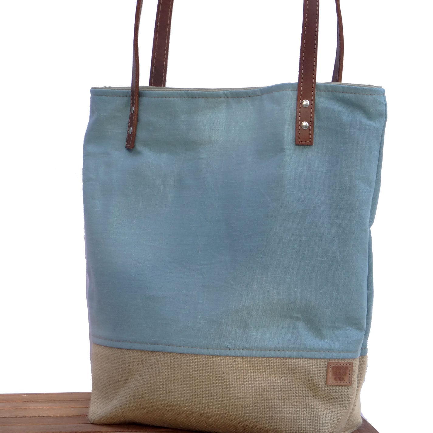 Blue Linen and Burlap Tote Bag - 1820 Bag Co.