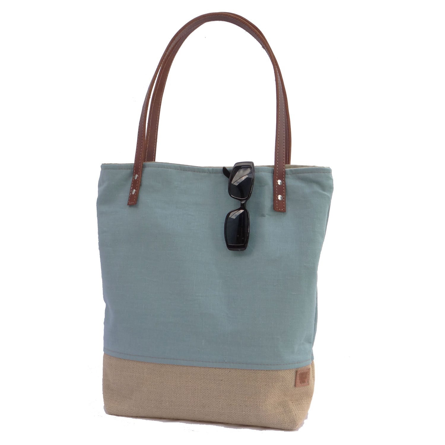 Panama Linen and Burlap Tote Bag - Blue and Beige | 1820 Bag Co.
