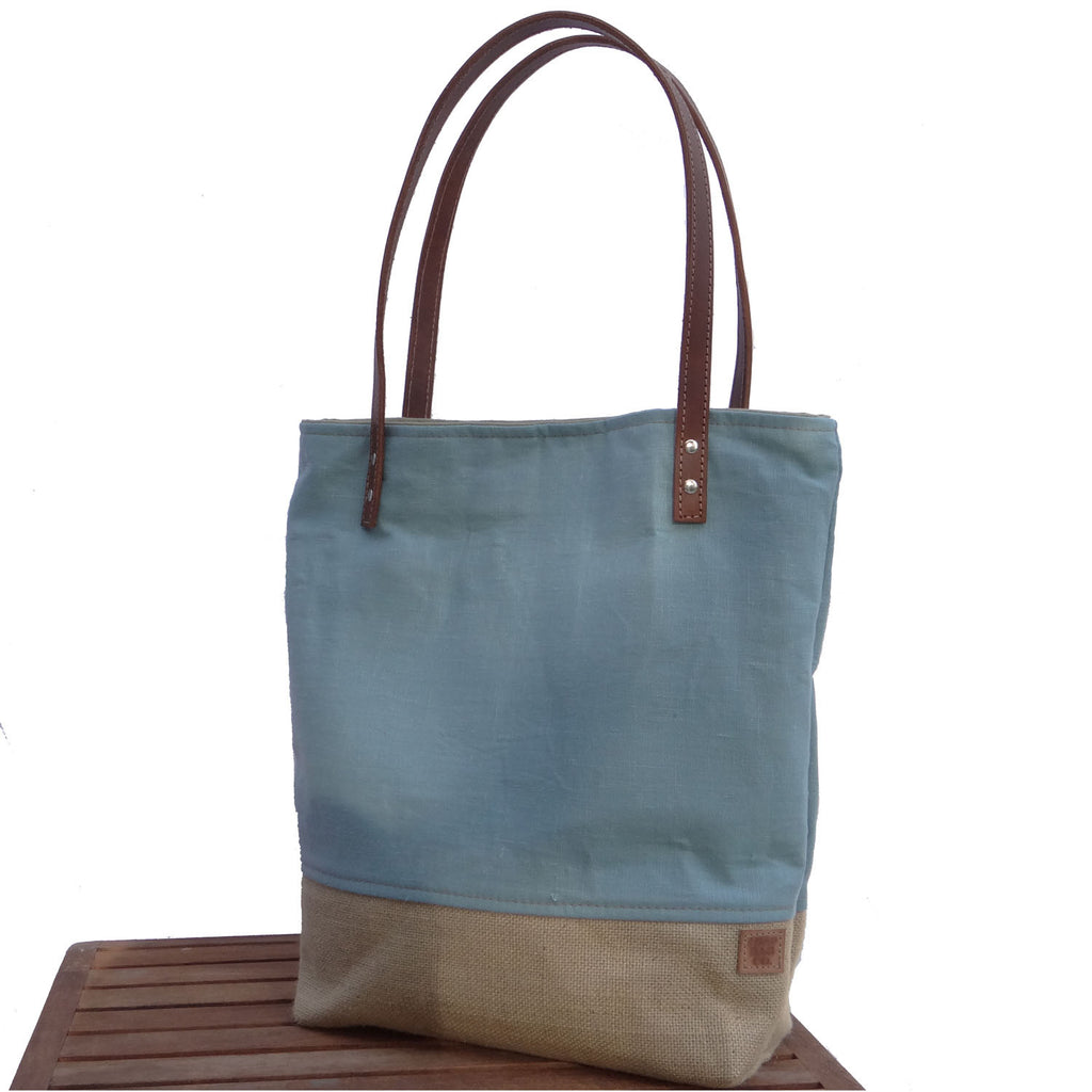 Panama Linen and Burlap Tote Bag - Blue and Beige – 1820 Bag Co.