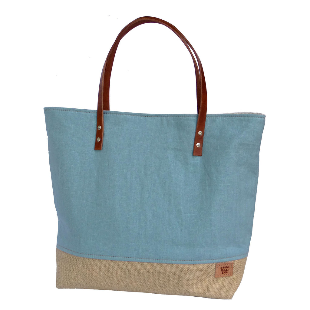 Panama Linen and Burlap Large Tote Bag - Blue and Beige | 1820 Bag Co.