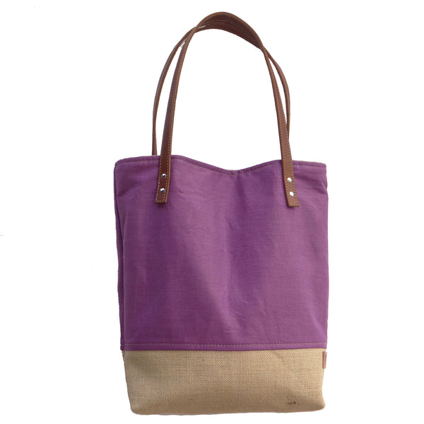 Purple Market Tote - Linen, Burlap & Leather Handles - 1820 Bag Co.