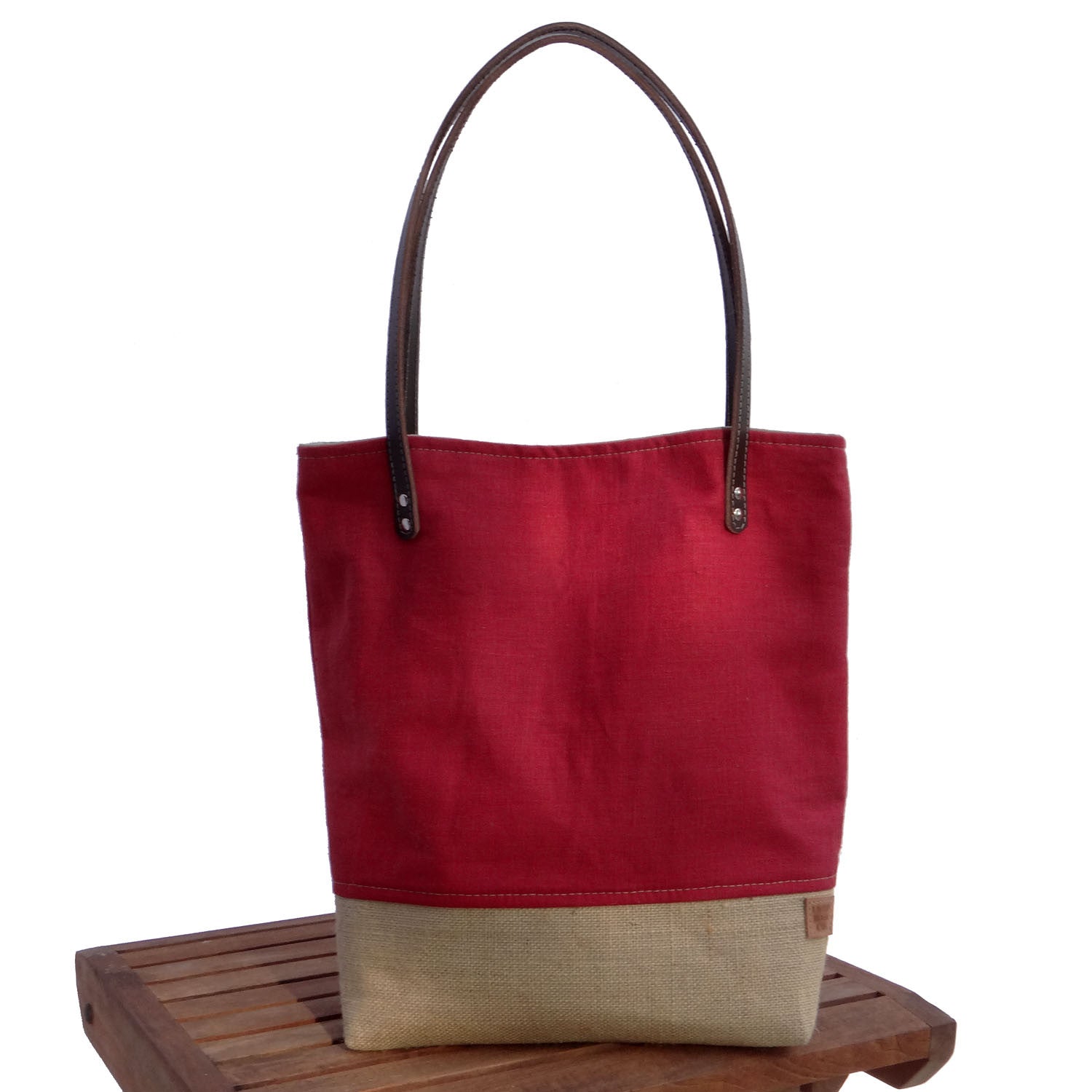 Panama Linen and Burlap Tote Bag - Red and Beige | 1820 Bag Co.