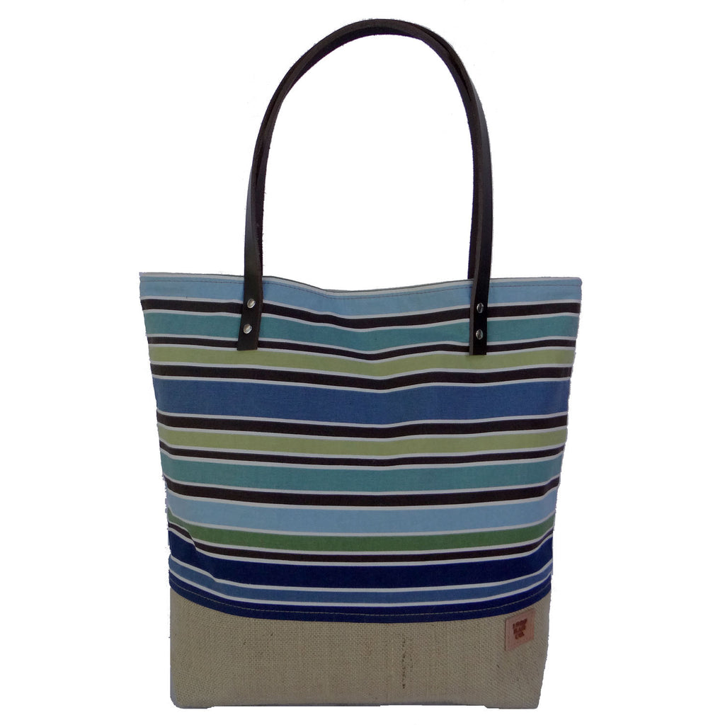 Panama Canvas and Burlap Large Tote Bag - Striped Blue and Beige | 1820 ...