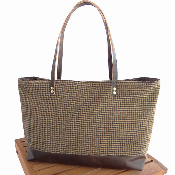 Leather & Wool Tote - Espresso Leather, Blue and Brown Houndstooth ...