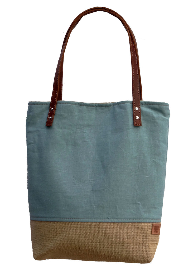 Panama Linen and Burlap Tote Bag - Blue and Beige | 1820 Bag Co.