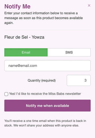 Screenshot of notify me pop-up form