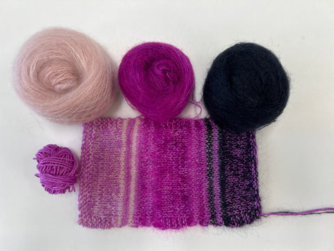 Knitted swatch with 3 colors of mohair