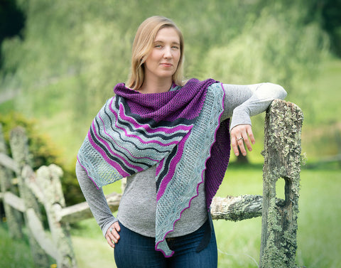 Sarah wears the Murmuration shawl