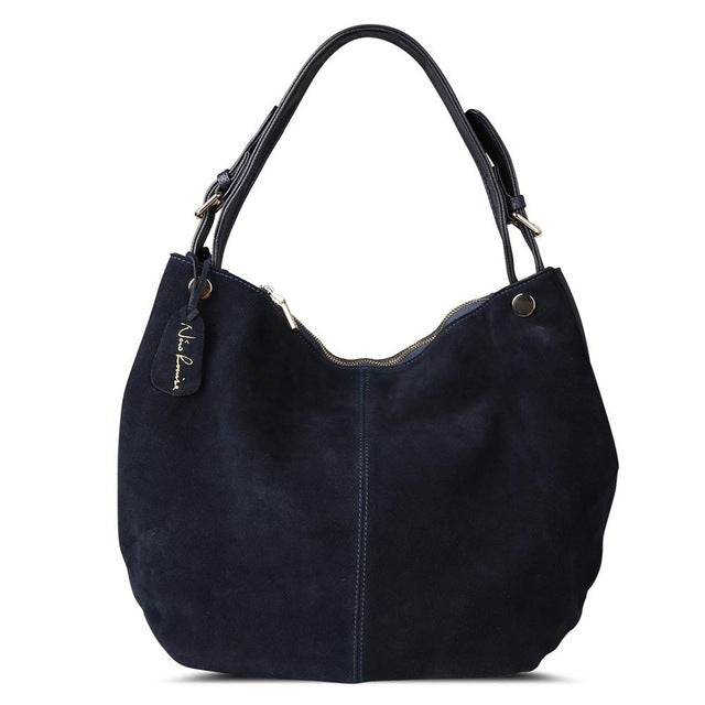 blue suede hobo bag