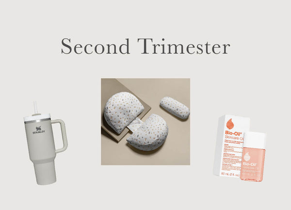 "Second Trimester" text with photo of Stanley tumbler, pregnancy pillow, and body oil