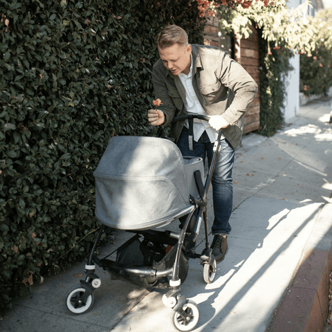 Father holds up fall leaf to a baby in a stroller on a walk