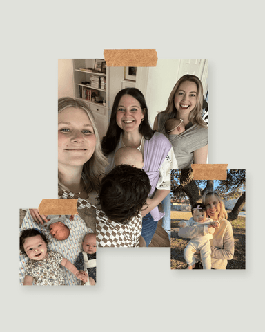 Beige background with 3 photos of women holding babies