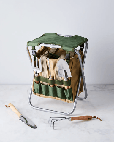 Collapsible gardening stool with gardening tools