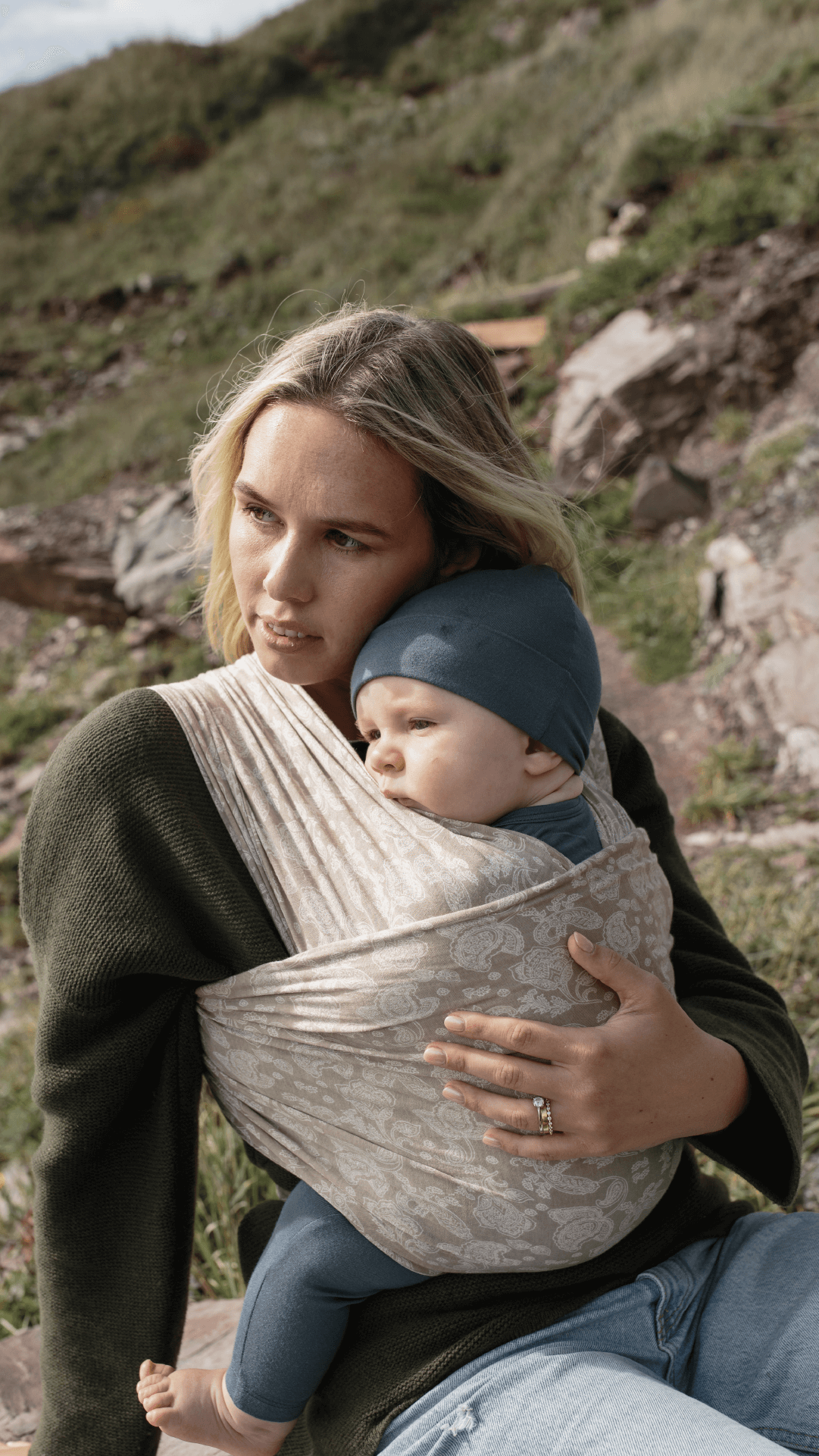 Mother holding baby in Highland Lace Solly Wrap