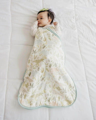 Baby in sleep bag withe a floral and dinosaur print
