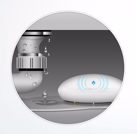 Fibaro Z-Wave Plus Flood Sensor installed under a sink