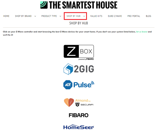 A screenshot of the navigation menu at The Smartest House showing where to click to shop by hub