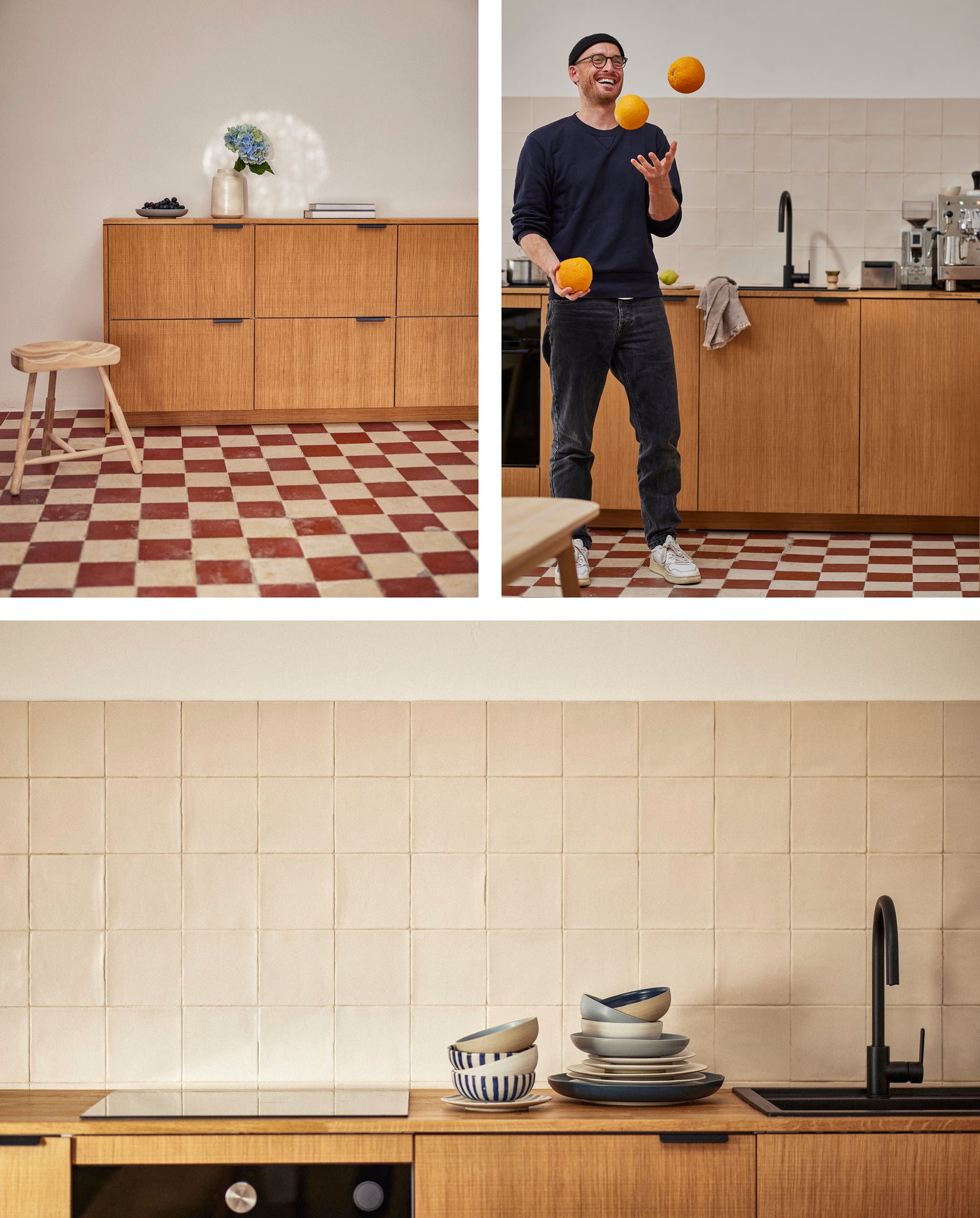 Collage kitchen front, man juggling with oranges