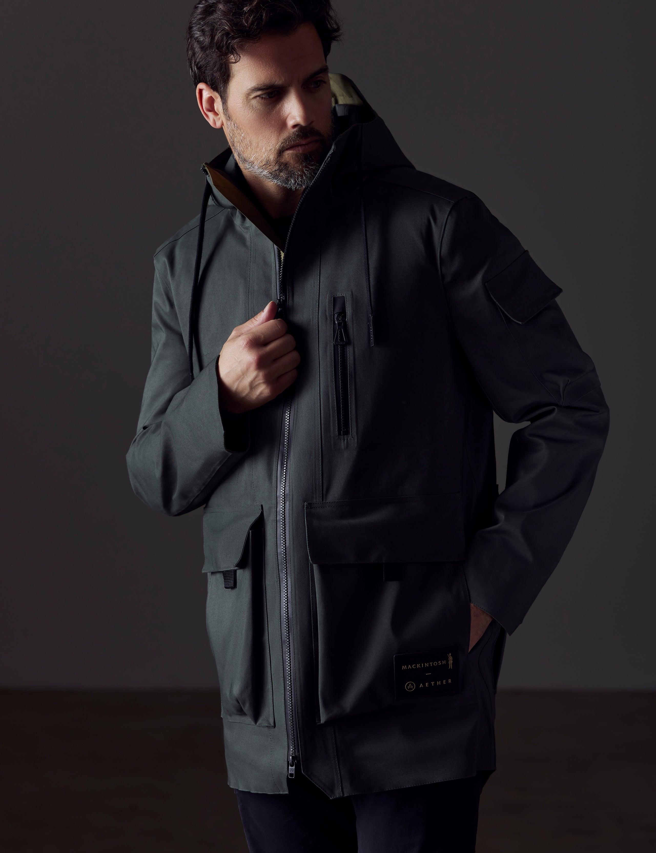 Man wearing dark green parka from AETHER Apparel
