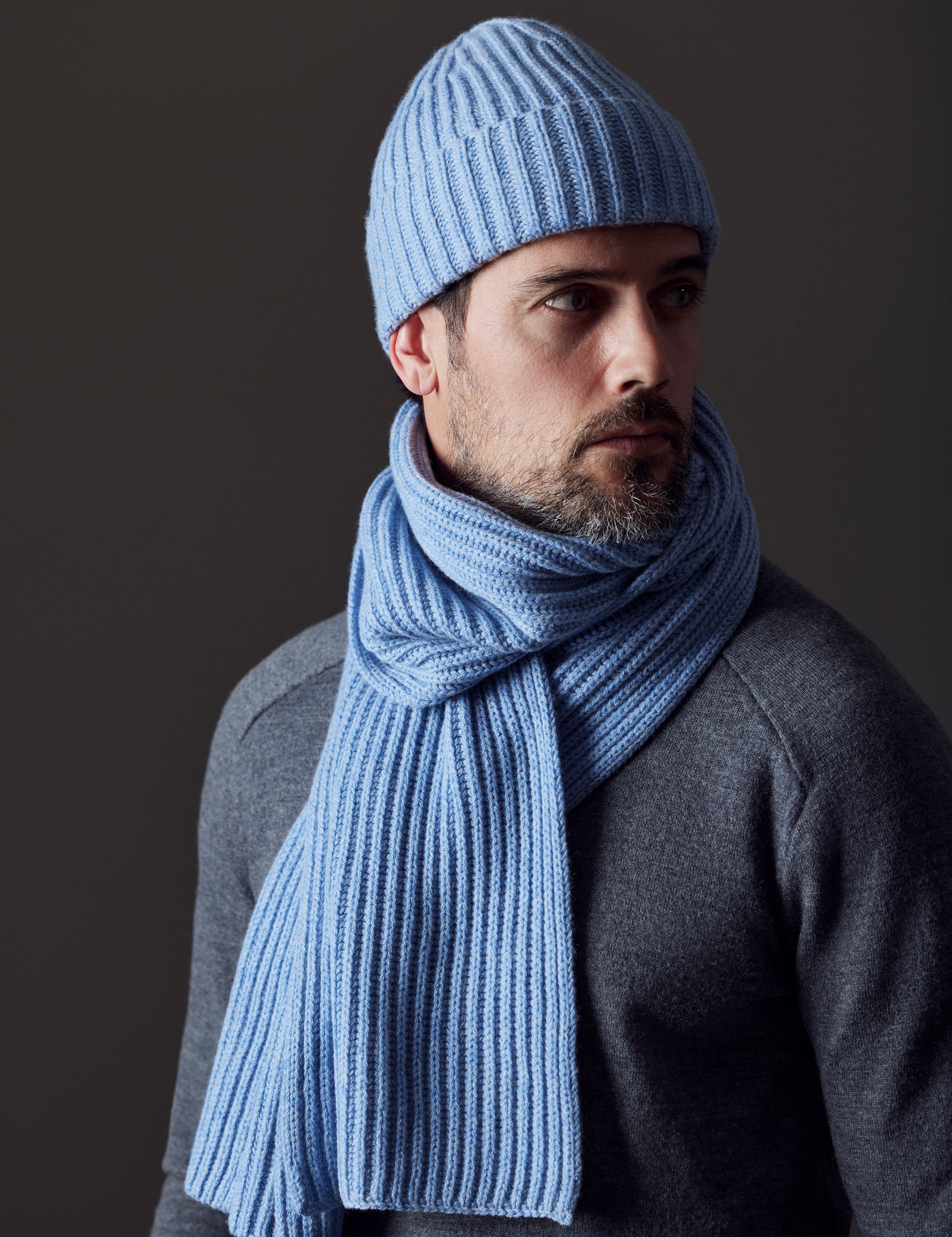 man wearing light blue cashmere hat from AETHER Apparel