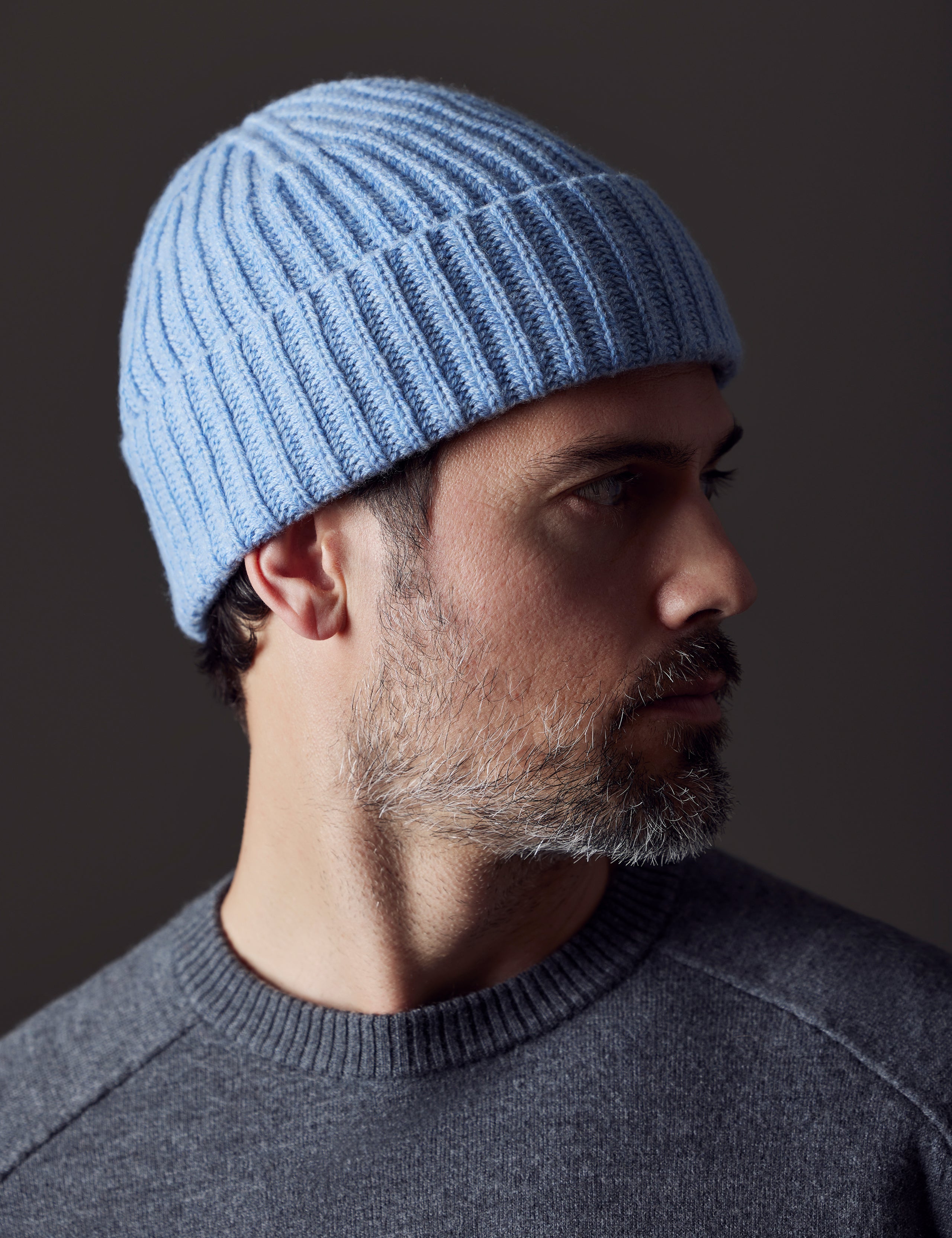 man wearing light blue cashmere hat from AETHER Apparel