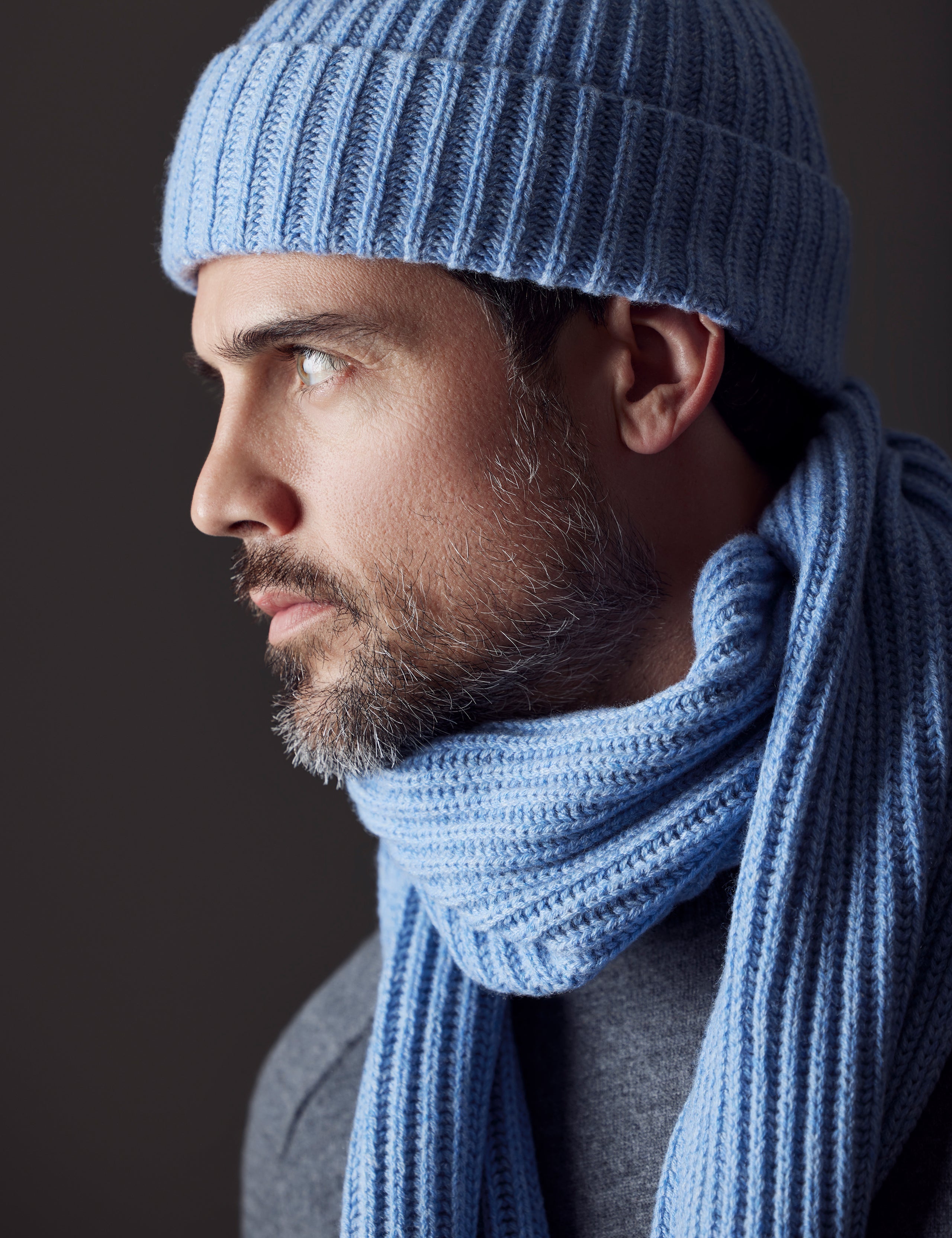 man wearing light blue cashmere scarf from AETHER Apparel
