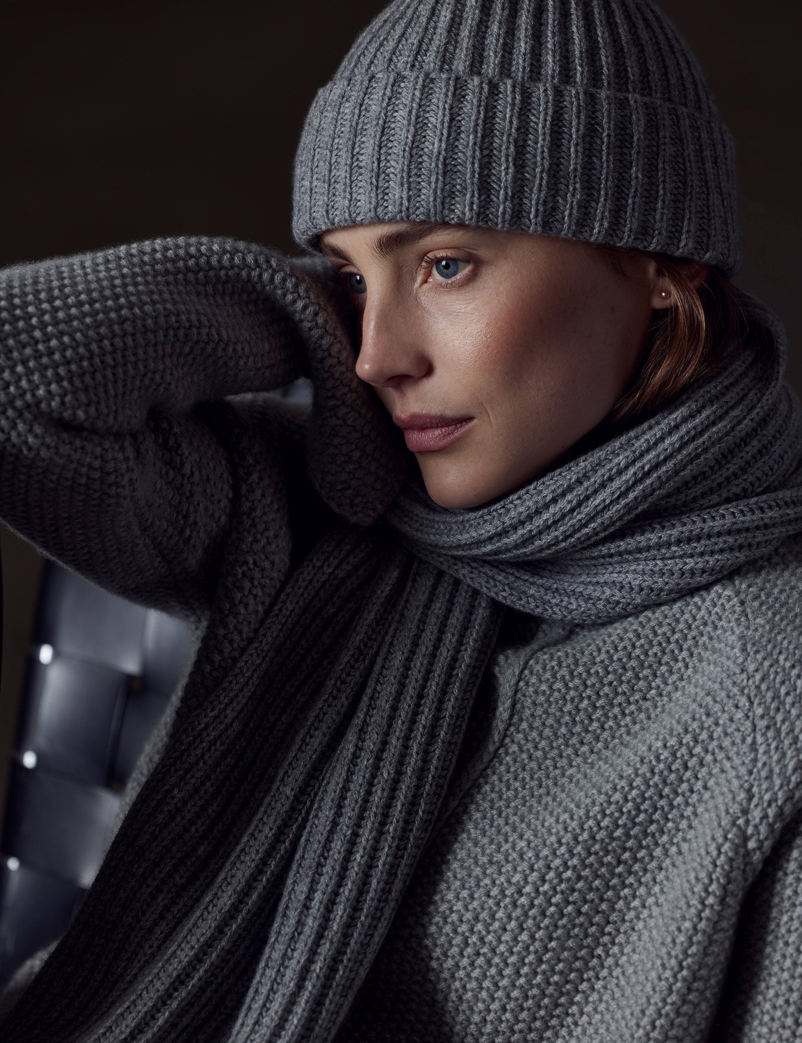 woman wearing grey cashmere scarf from AETHER Apparel