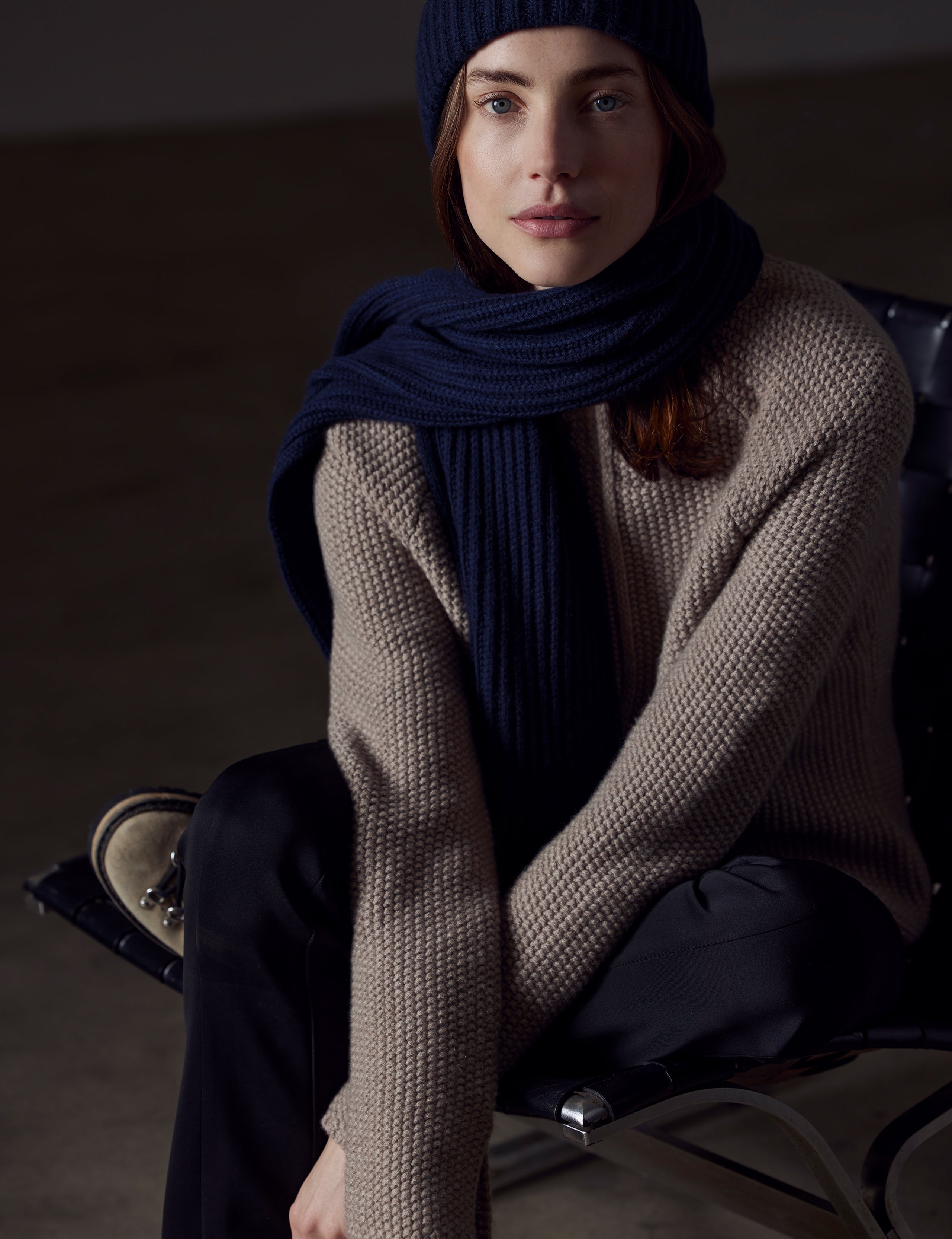 woman wearing dark blue scarf from AETHER Apparel