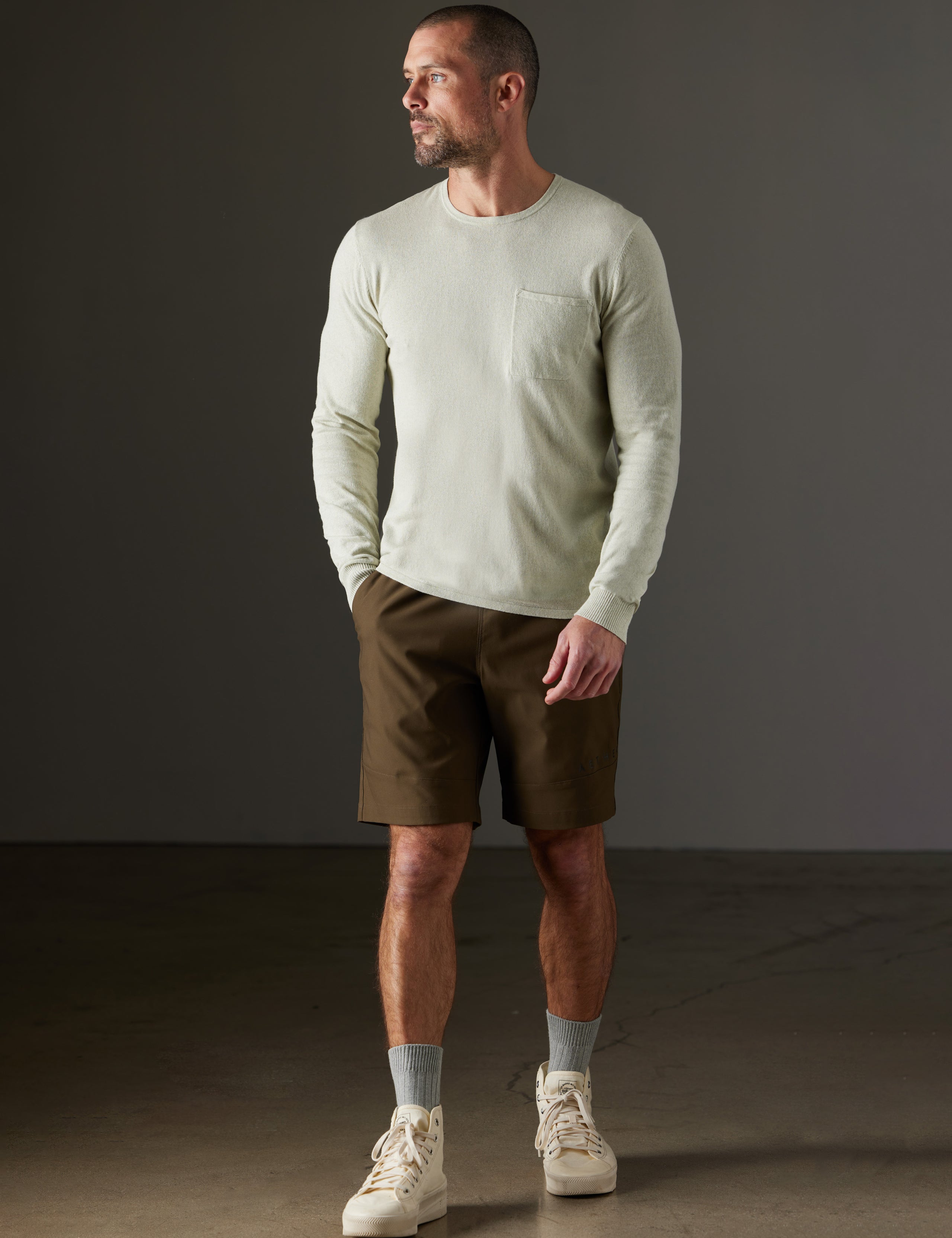 Man wearing light green sweater from AETHER Apparel