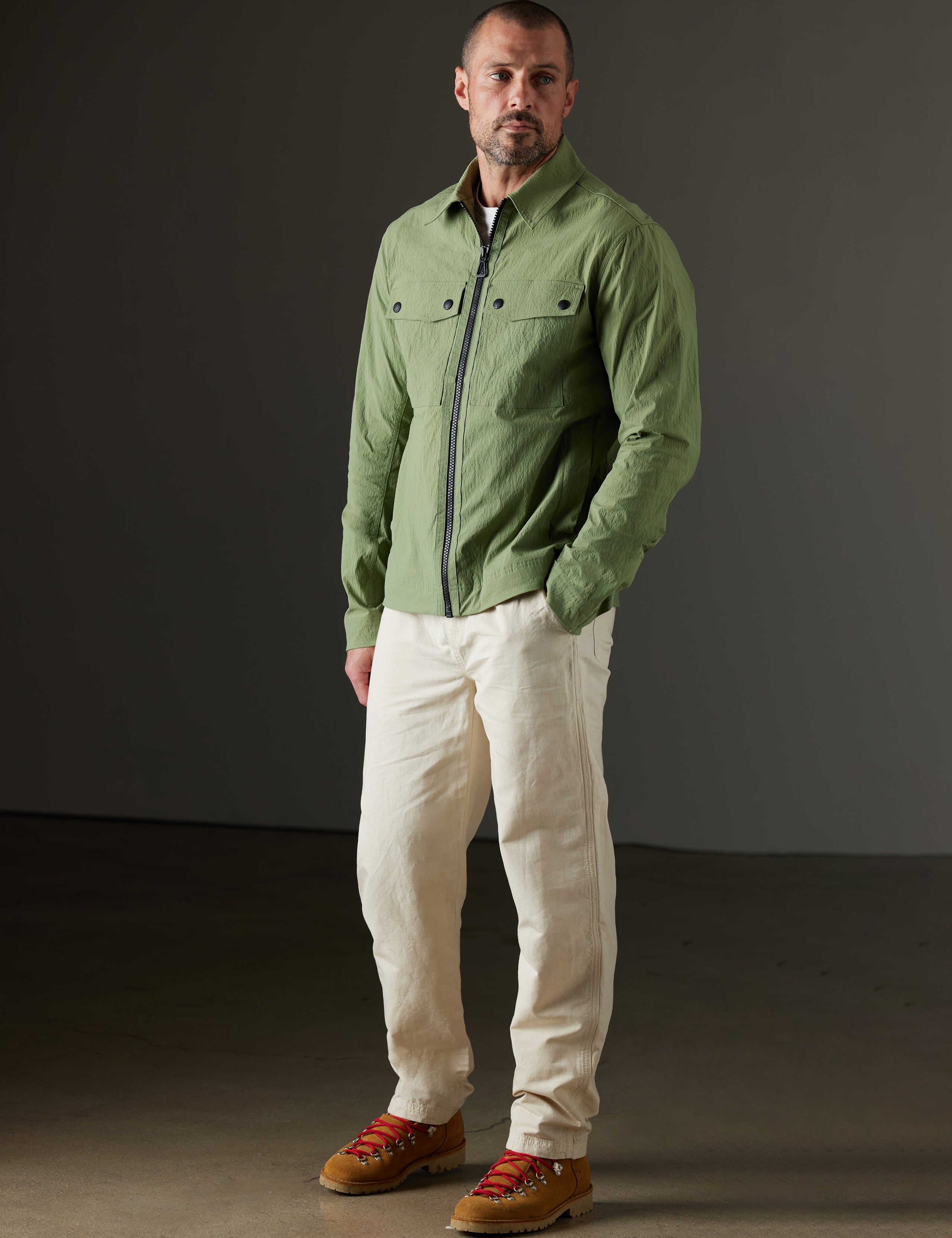 Man wearing green jacket from AETHER Apparel