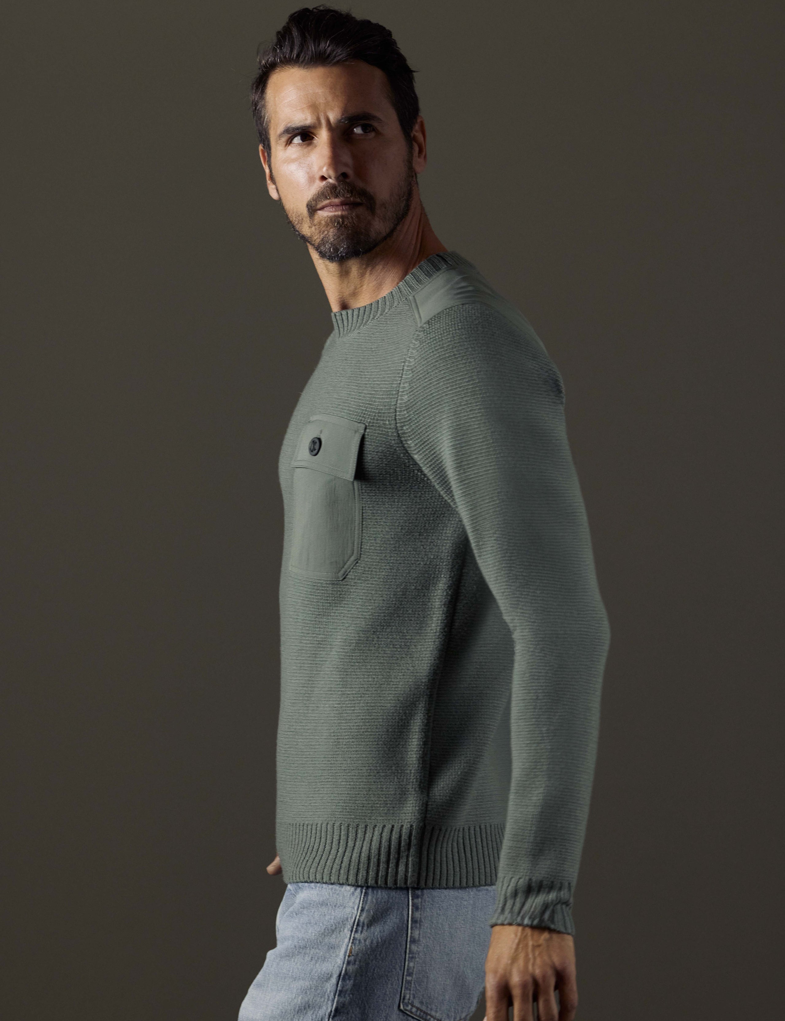 man wearing grey sweater from AETHER Apparel