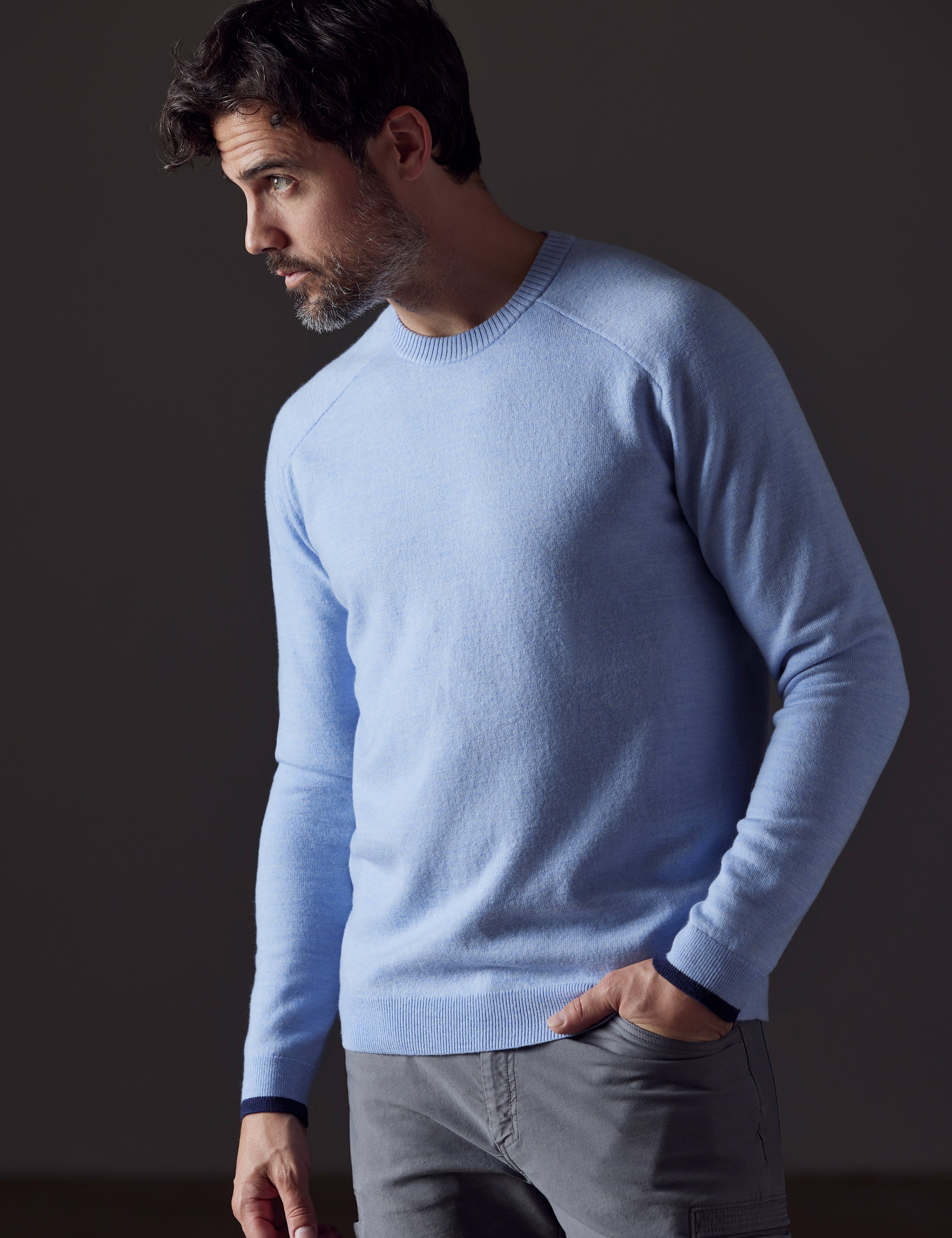 man wearing light blue sweater from AETHER Apparel