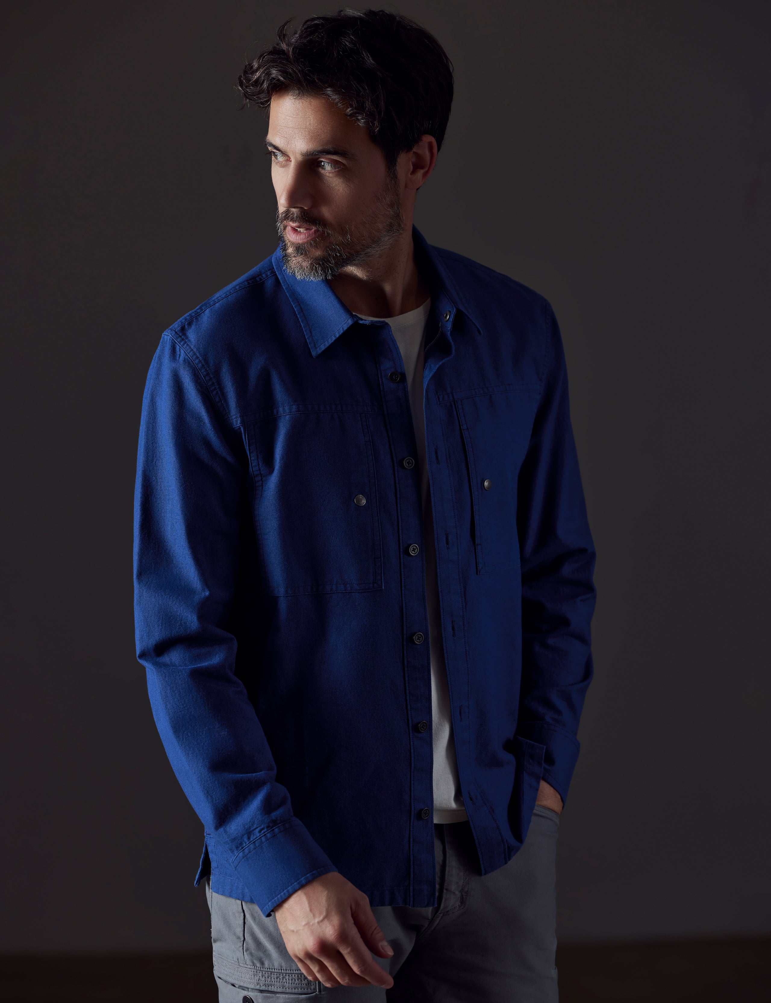 man wearing dark blue button-down from AETHER Apparel