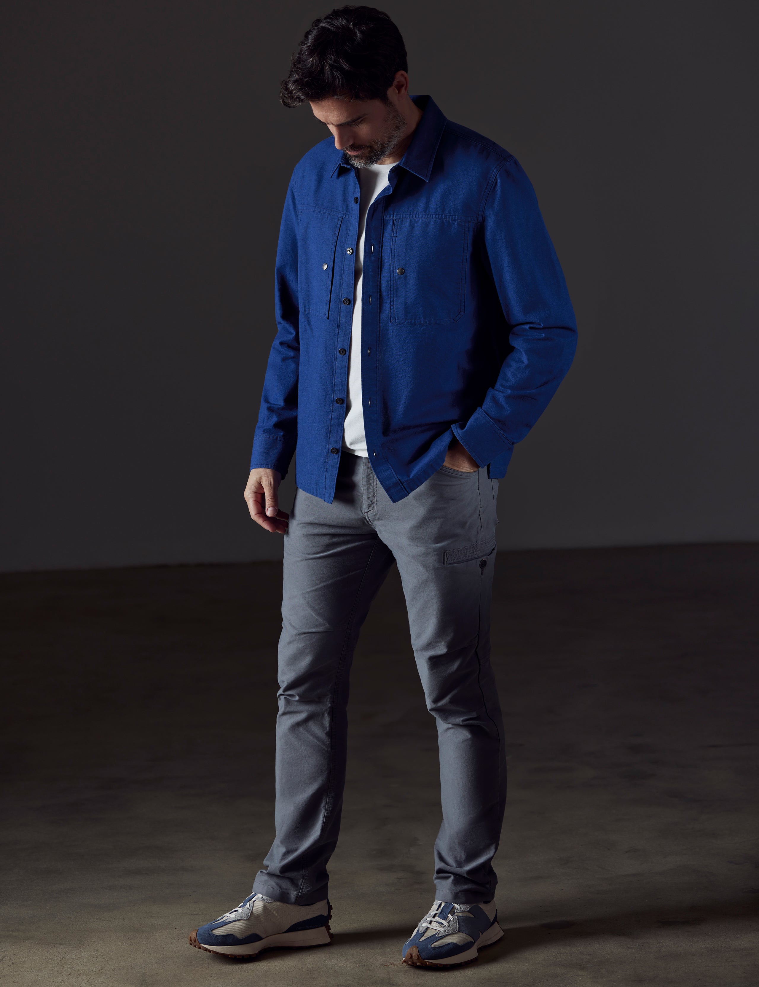 man wearing dark blue button-down from AETHER Apparel