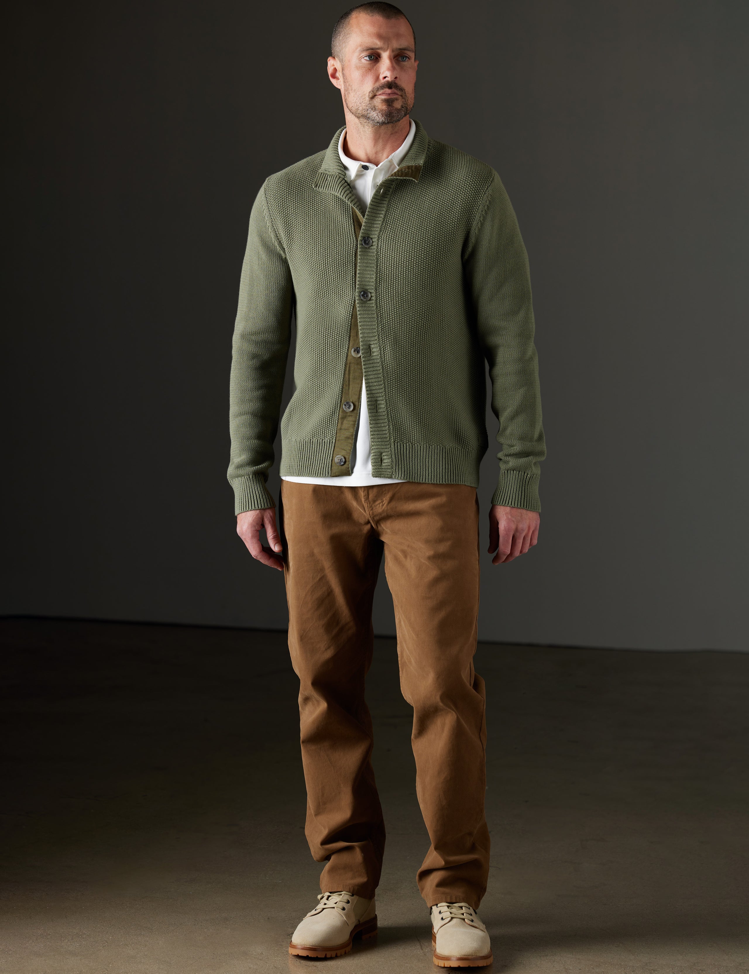 Man wearing green sweater from AETHER Apparel