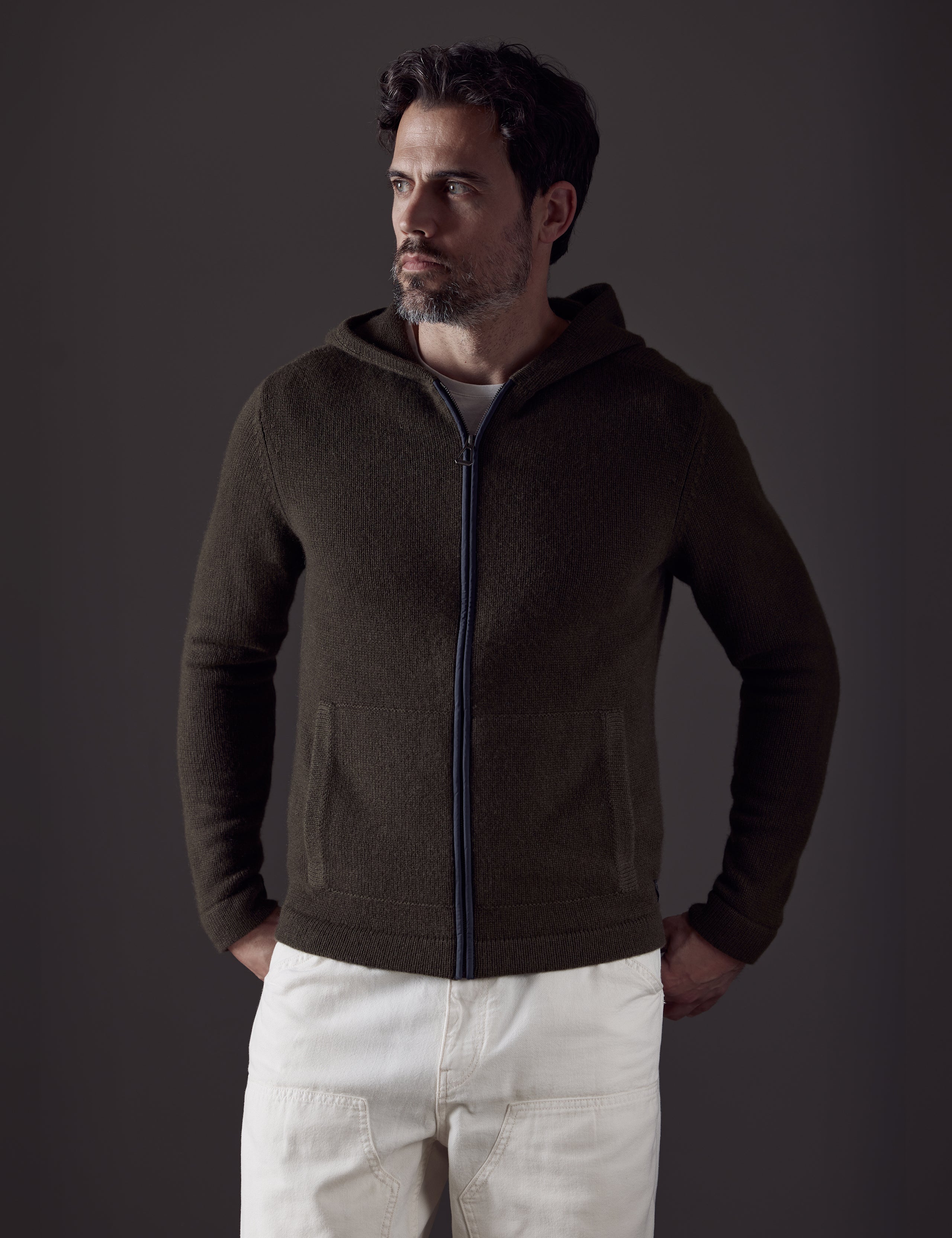 Man wearing green Sawyer Cashmere Full-Zip from AETHER Apparel