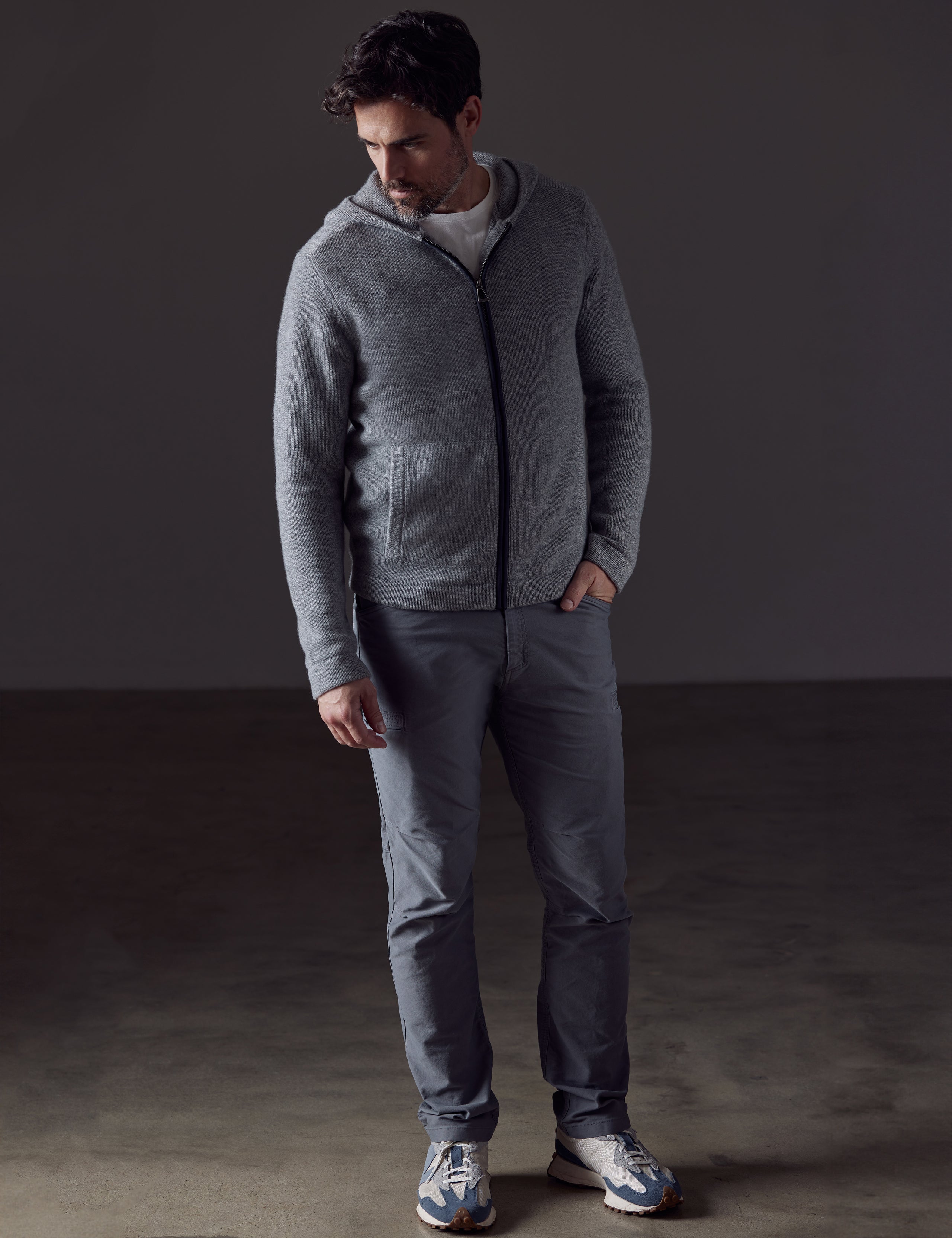 Man wearing grey Sawyer Cashmere Full-Zip from AETHER Apparel