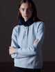 Woman wearing light blue Align Pullover from AETHER Apparel