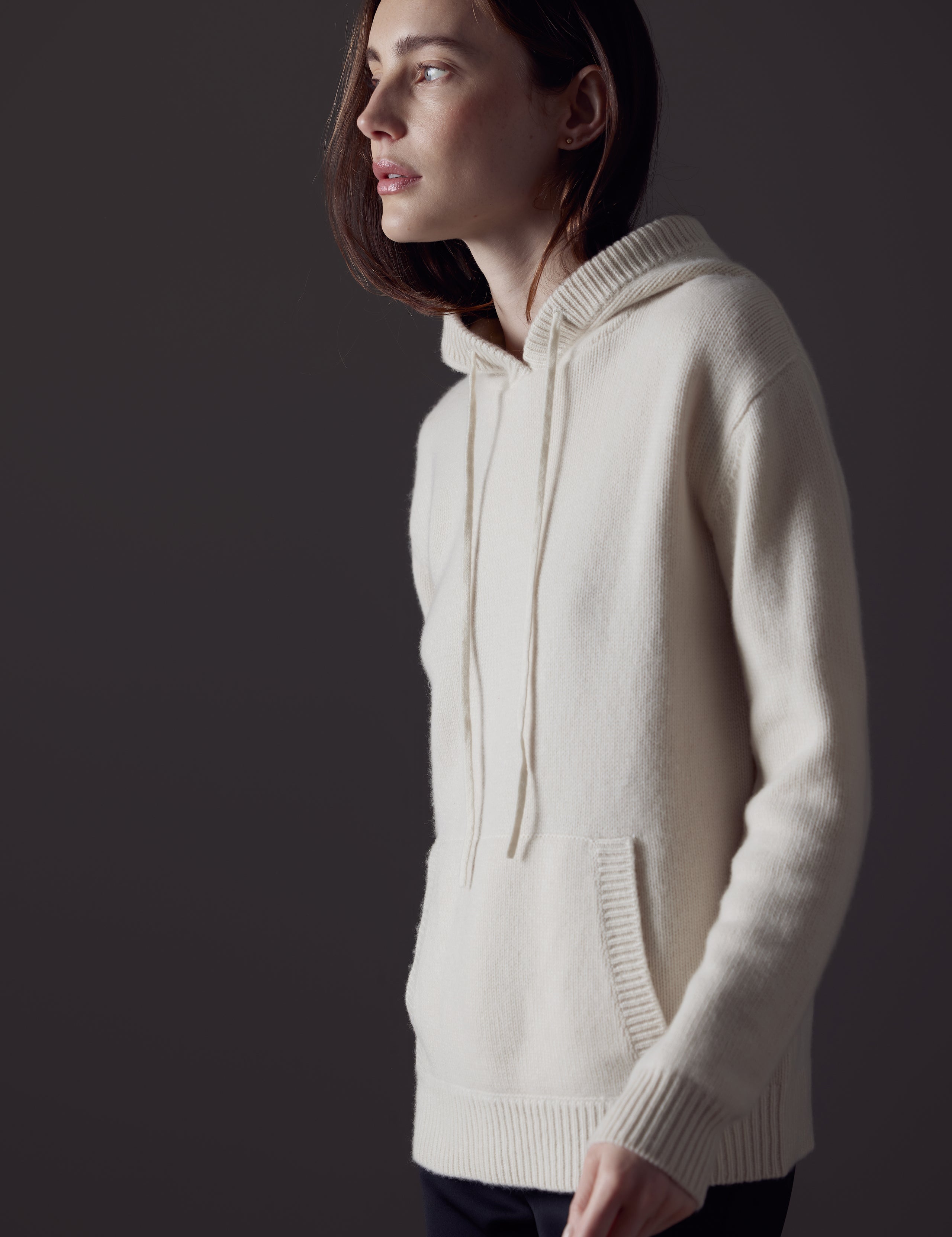 Woman wearing white Ava Cashmere Hooded Sweater