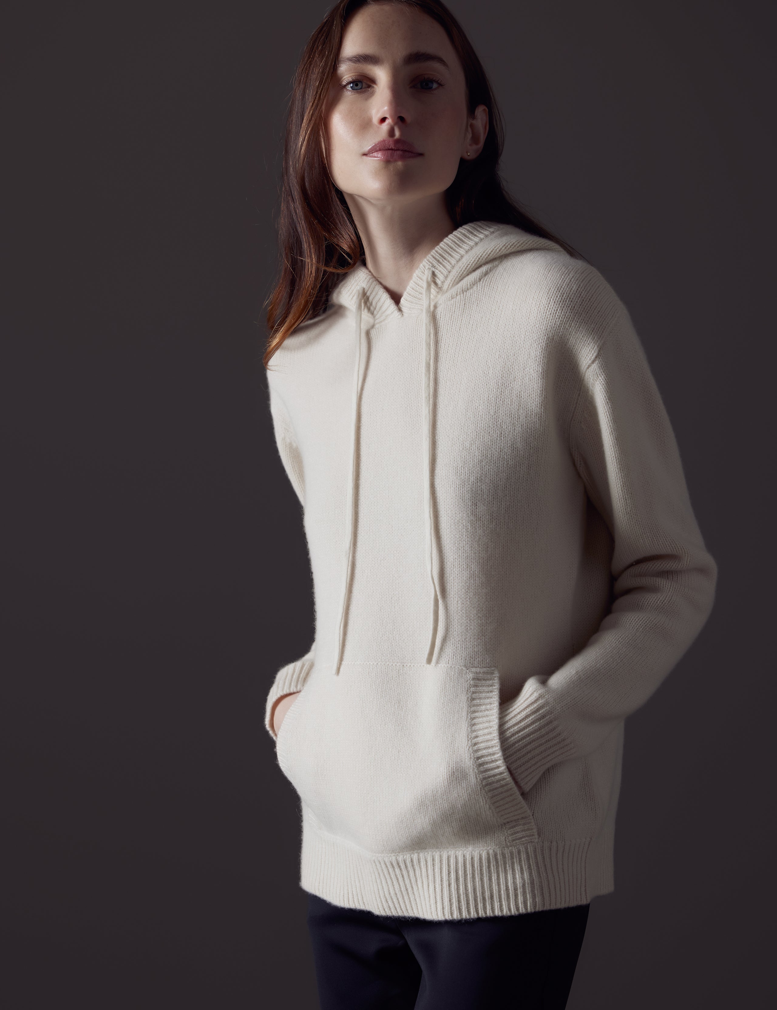 Woman wearing white Ava Cashmere Hooded Sweater