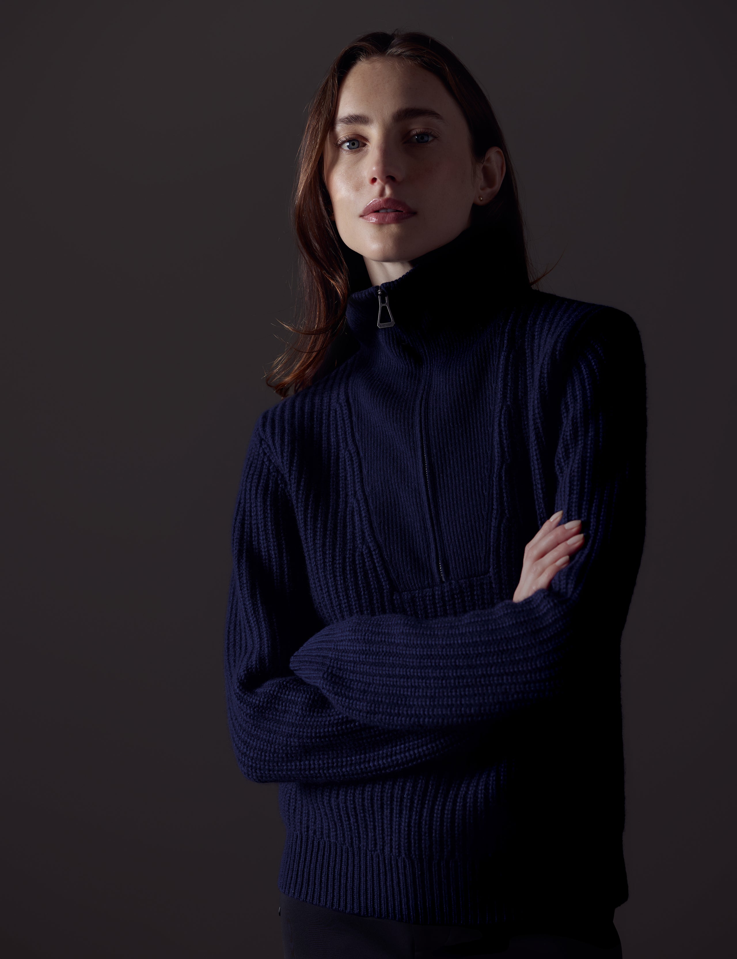 Woman wearing dark blue Davis Half-Zip Sweater