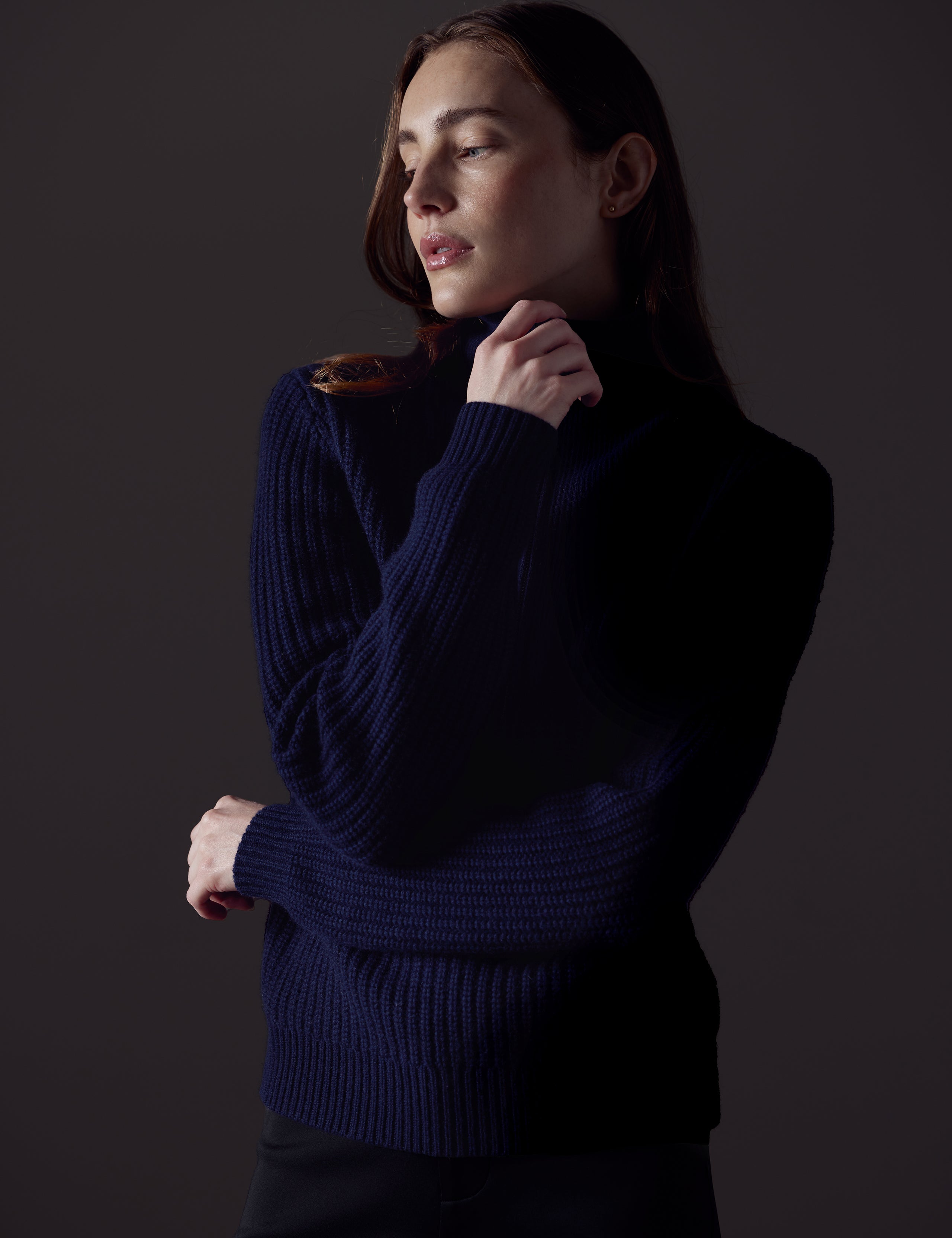 Woman wearing dark blue Davis Half-Zip Sweater