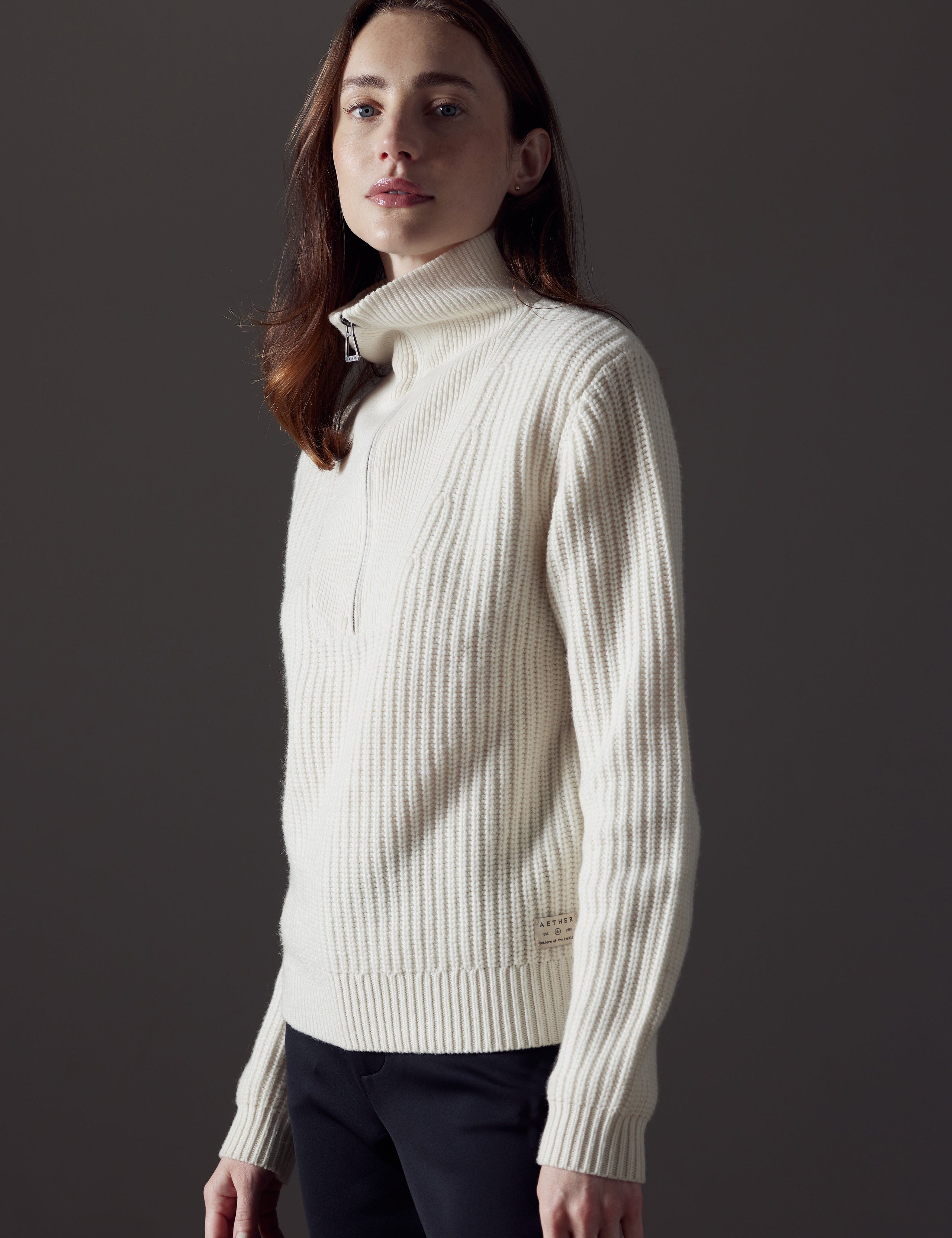 Woman wearing white Davis Half-Zip Sweater
