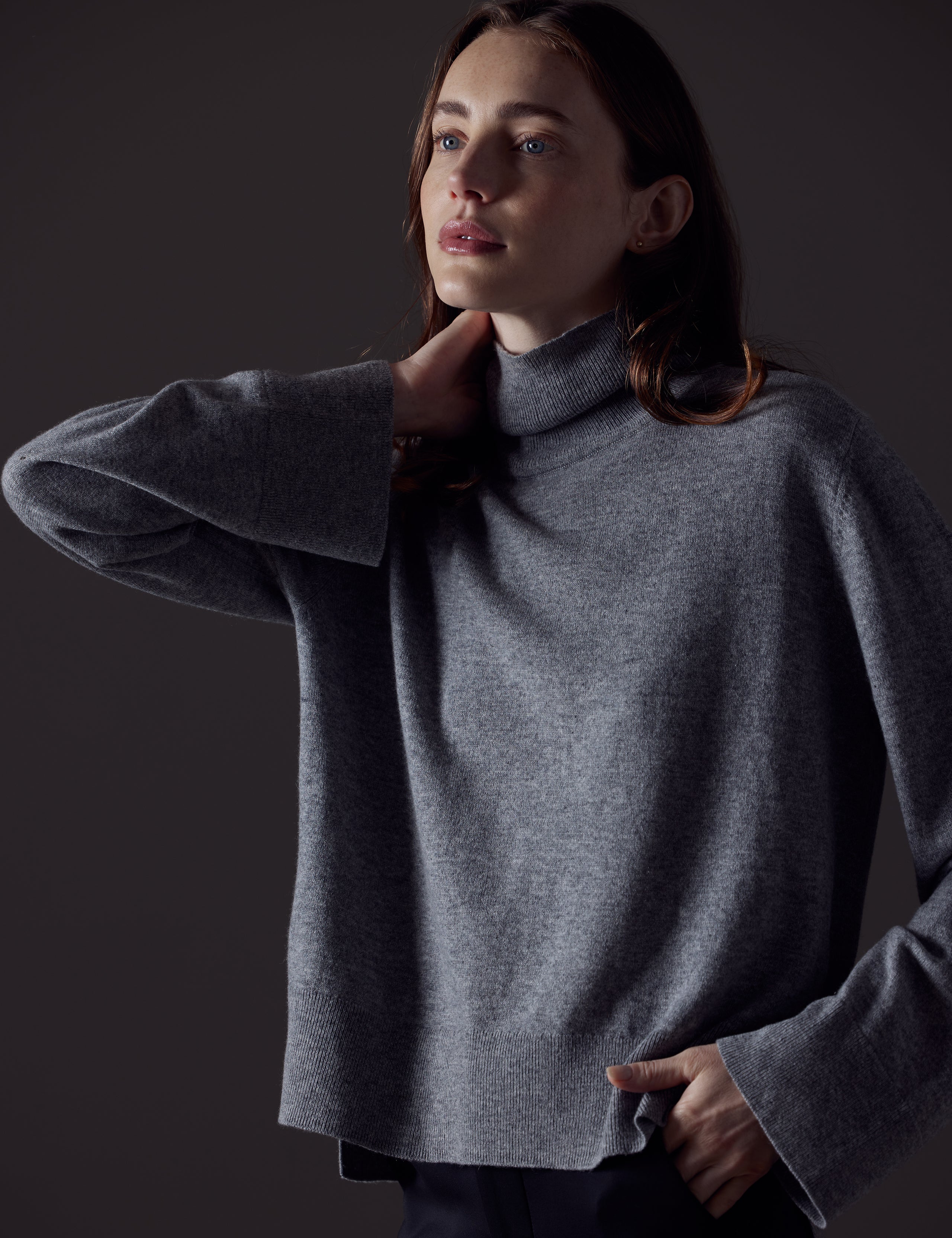 Woman wearing grey Leigh Cashmere Turtleneck Sweater