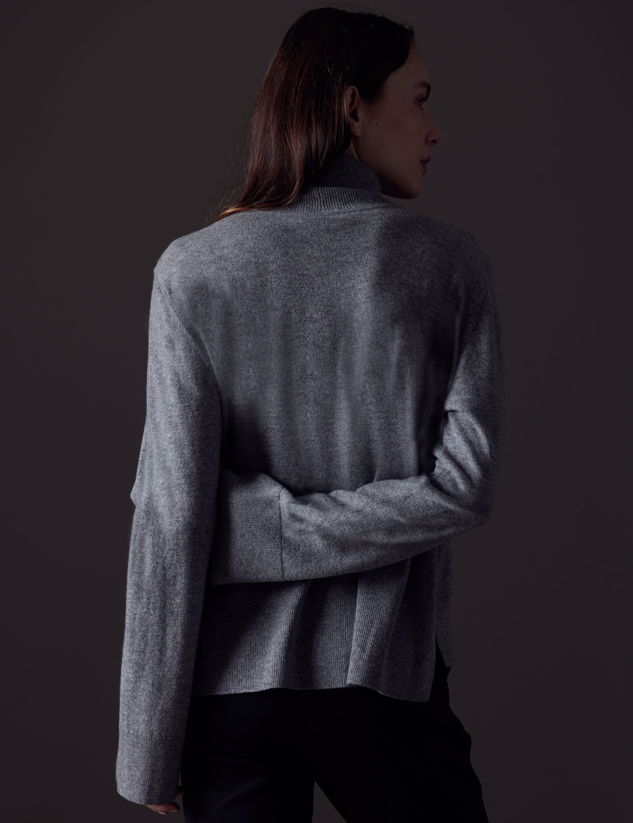 Woman wearing grey Leigh Cashmere Turtleneck Sweater