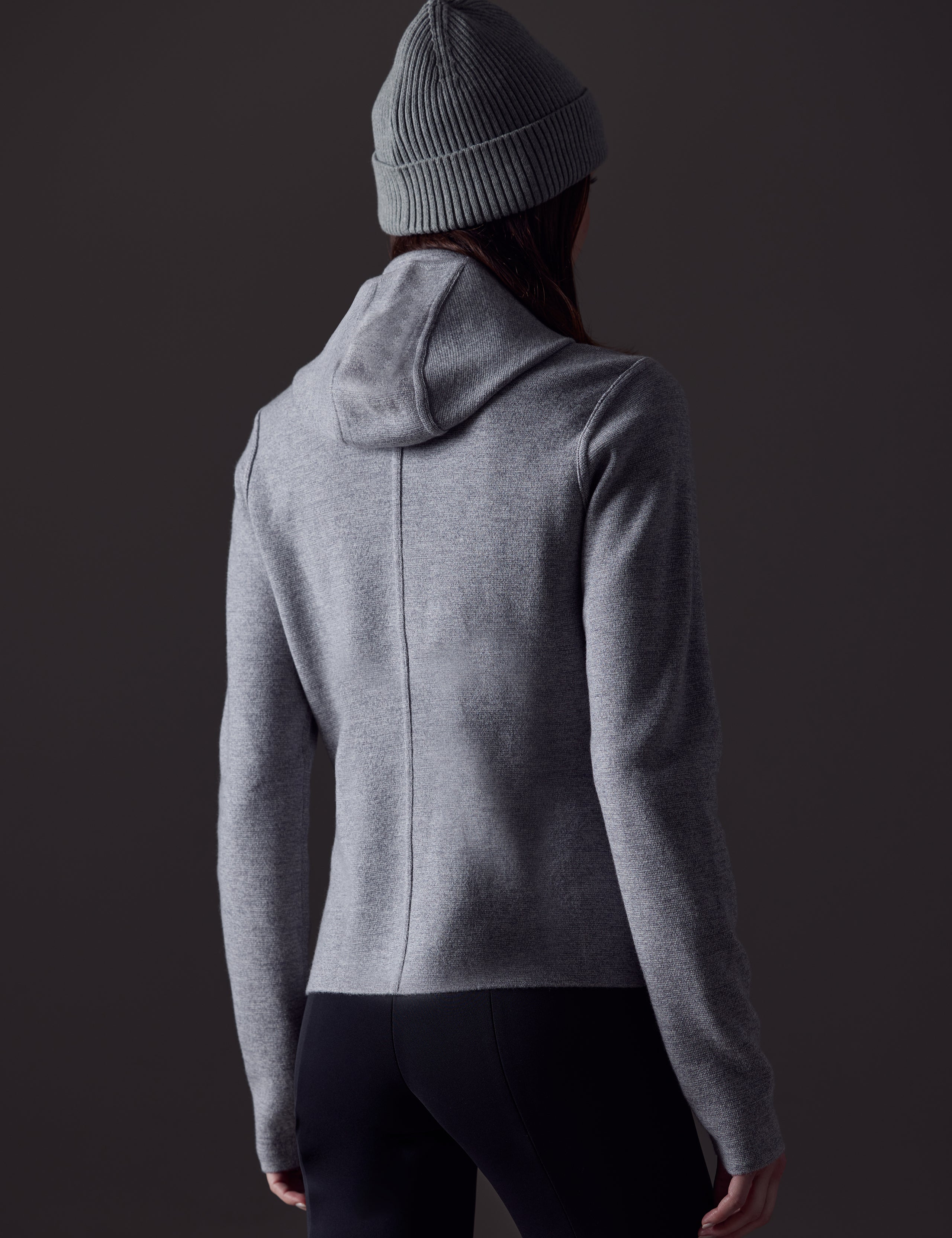 Woman wearing grey W Riley Full-Zip Sweater