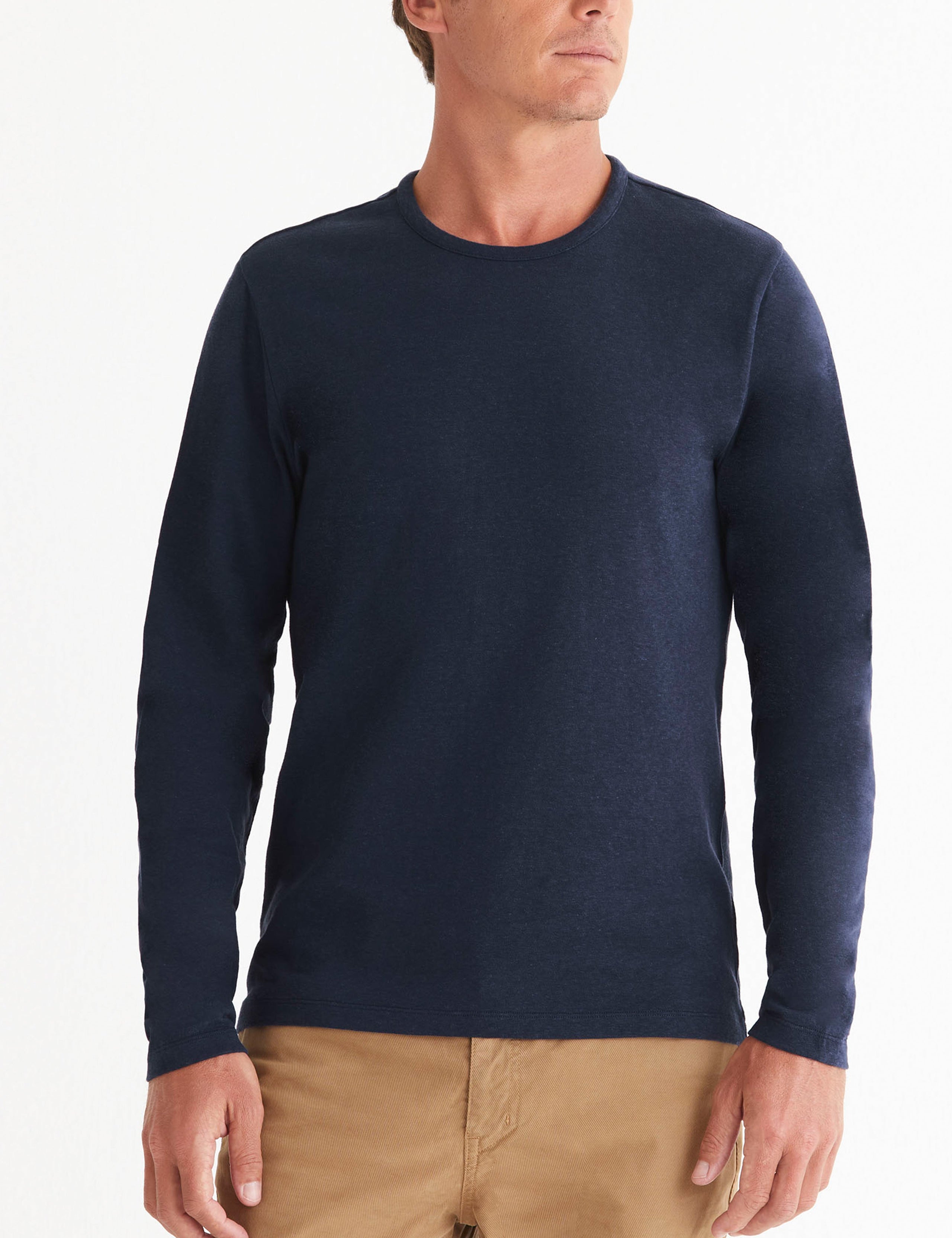 man wearing blue long sleeve shirt