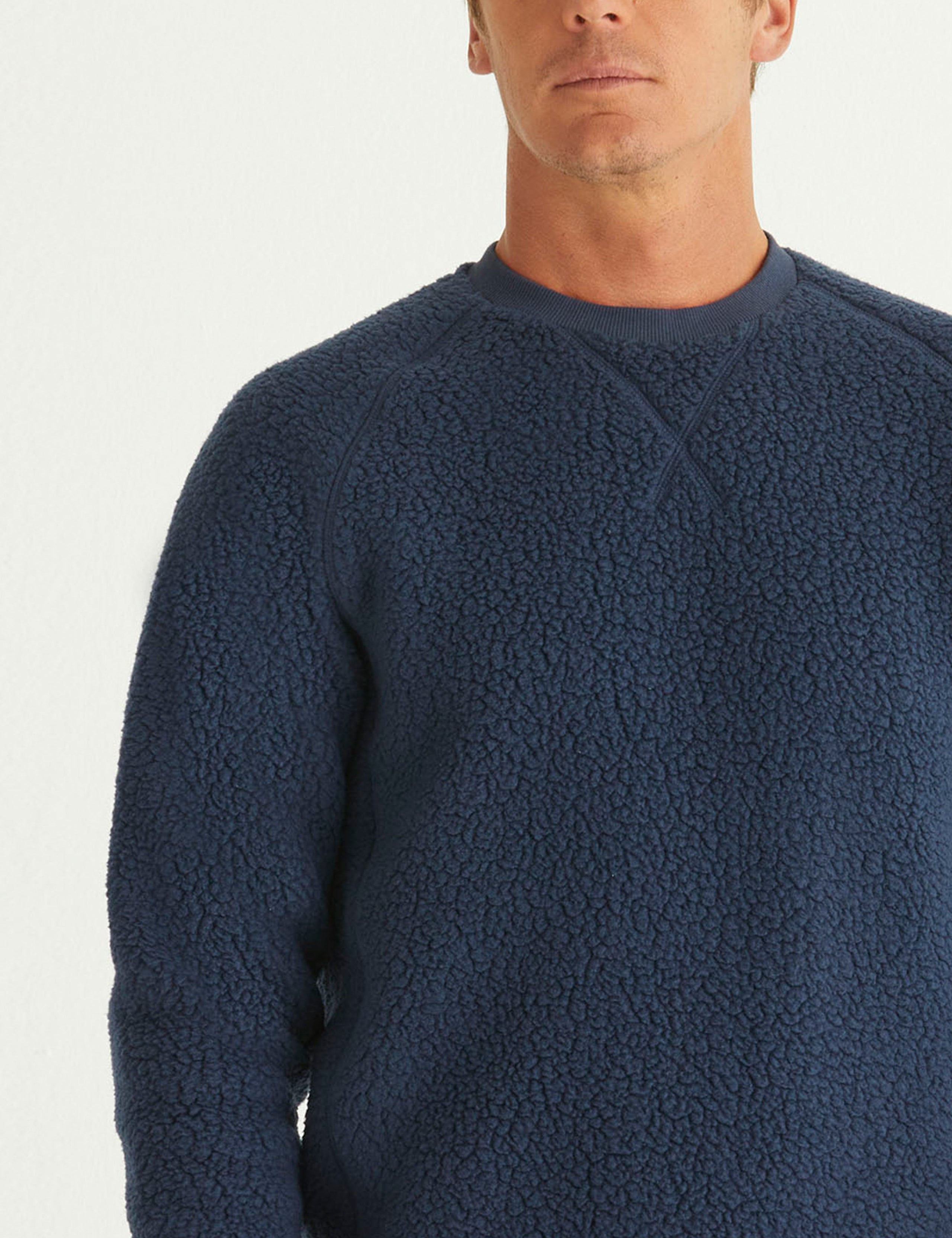 man wearing blue fleece sweater
